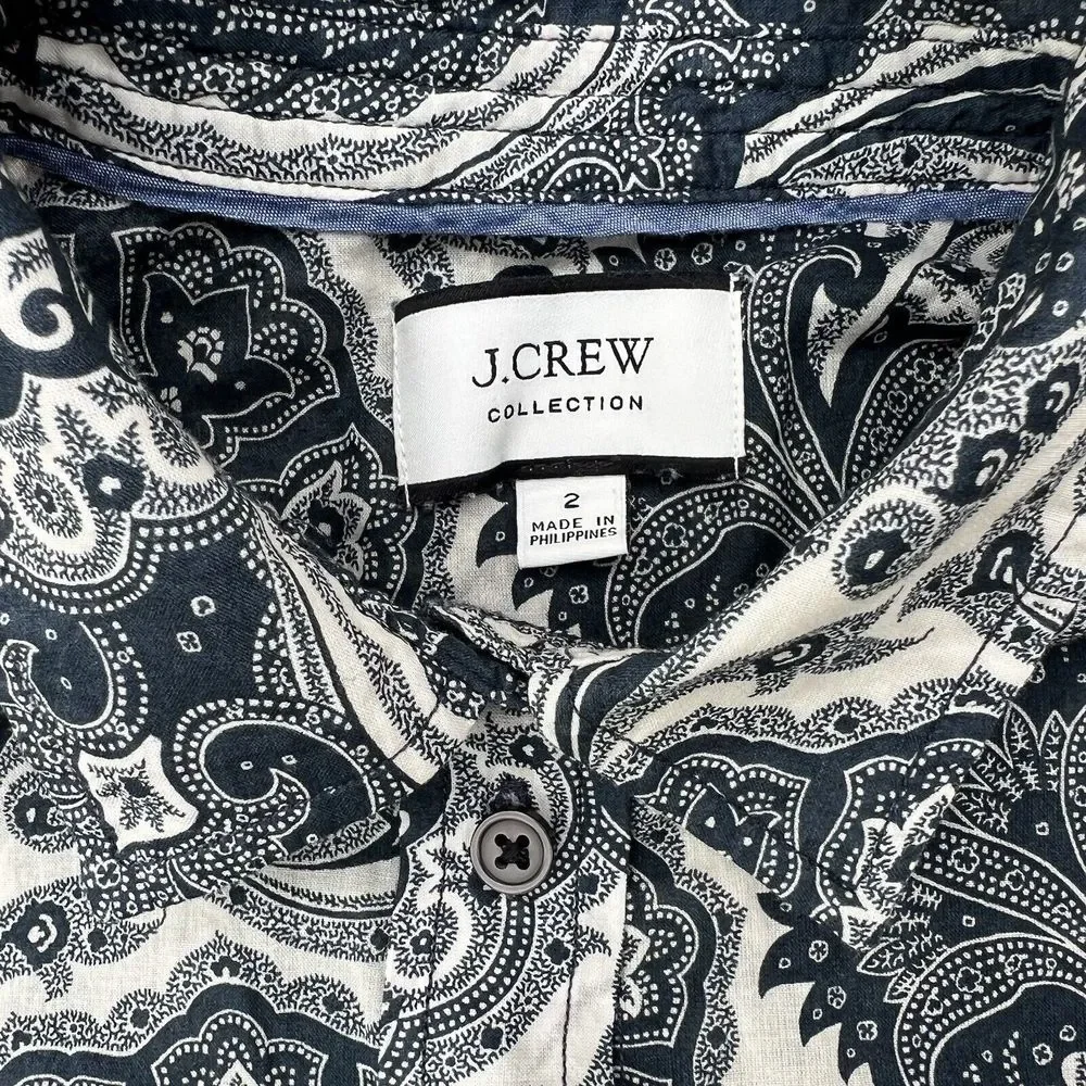 J Crew Collection Shirt Womens Size 2 Button Up‎ Blouse Blue Paisley Long Sleeve - Picture 12 of 14